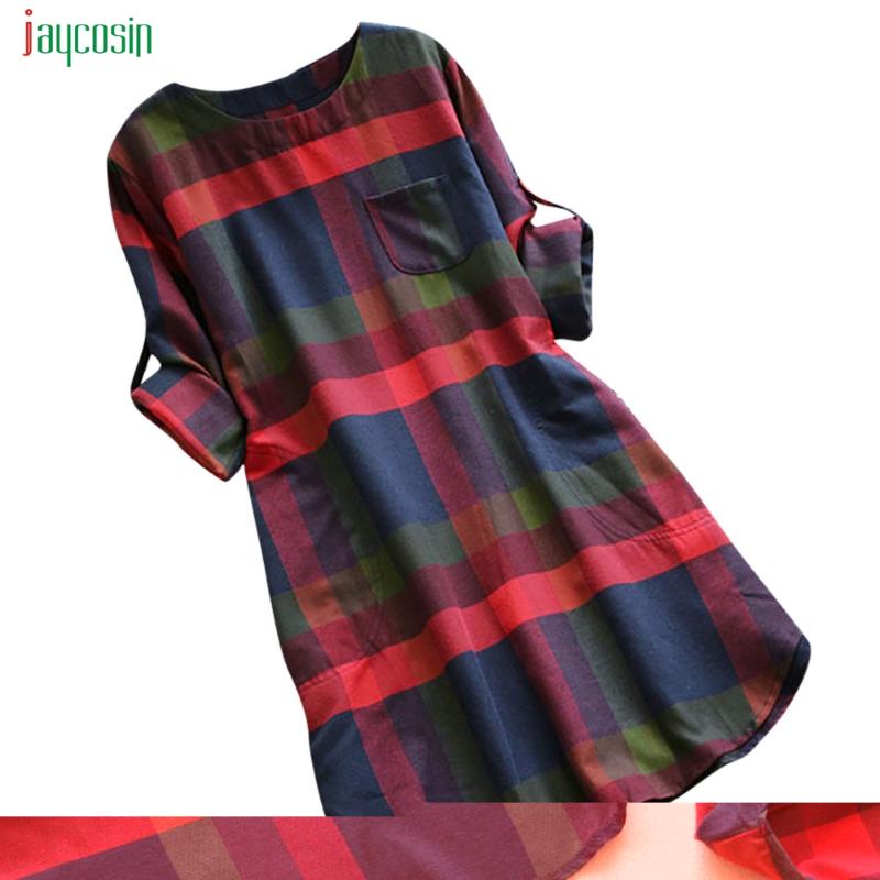 Jaycosin Women's A-line Dress Summer Plaid Print Dress Full Sleeve Evening Party Sundress Vestidos De Festa New
