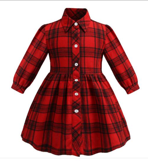 

New style girl long sleeve dress cotton kids girls clothing flannel plaid dress Princess Party dresses, Red