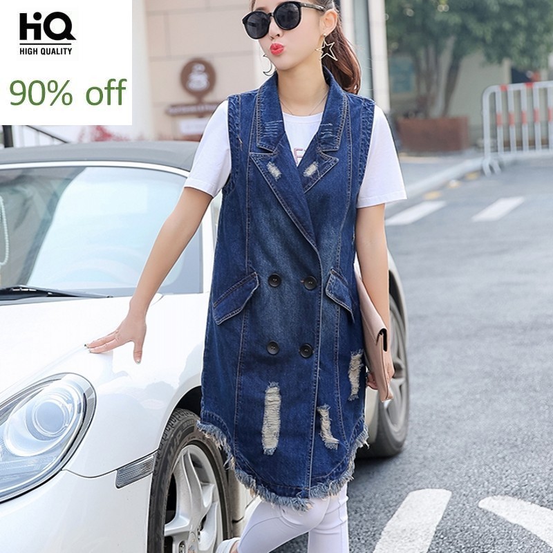 

Long Style Sleeveless Vest For Women Tassels Torn Jeans Outerwear Coat Ripped Denim Female Jacket Oversize Waistcoat Veste Femme, Blue