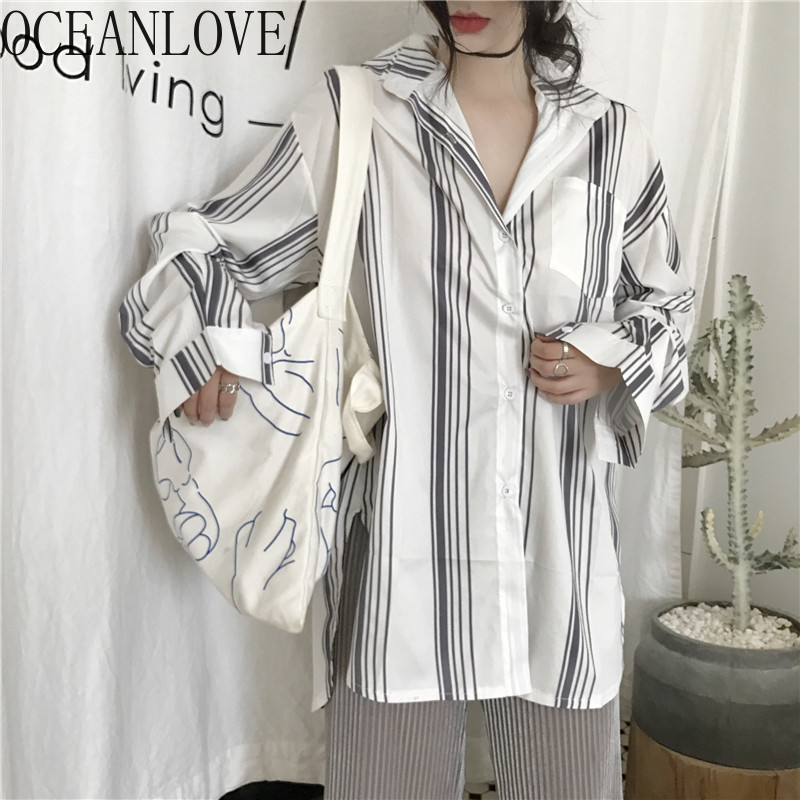 

OCEANLOVE Striped Sunscreen Blusas Mujer Spring Summer Loose Casual Blouses Long Sleeve Korean New Fashion 2020 Shirts 16048, Blue