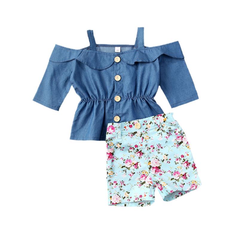 

Pudcoco Baby Summer Clothing Toddler Kids Baby Girls Button Off Shoulder Short Sleeve T Shirts Tops+Floral Print Shorts 2pcs Set, As pic