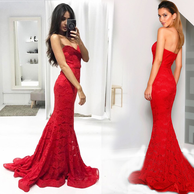 

Hot Sale Red Lace Mermaid Evening Dress Sweetheart Slim Sweep Train Prom Dresses Formal Party Celebrity Gowns