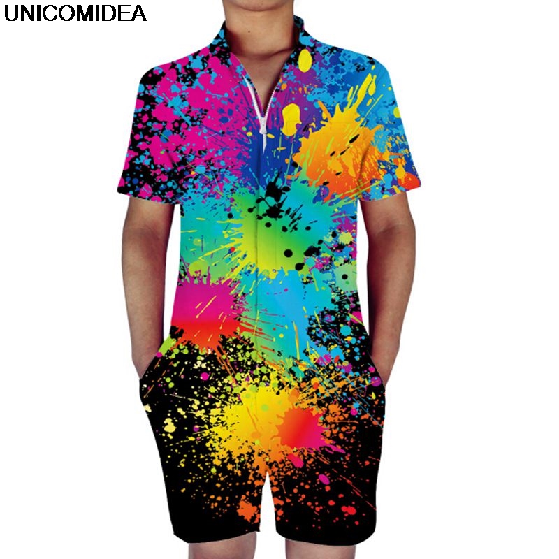 Peinture Splatter Rompers Hommes 3D Imprimer Jumpsuit amusant Jaquette PlaySuit Harem Harem Combinaisons Été One Piece Plage Slim Fit Ensembles d
