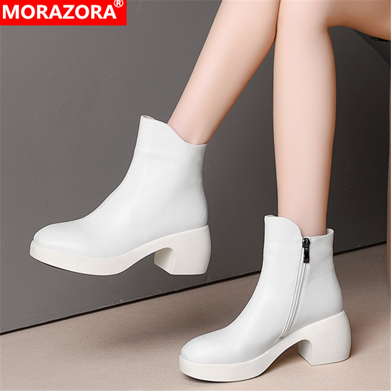 

MORAZORA 2020 new arrive genuine leather women boots simple square heels round toe ankle boots autumn ladies shoes, Black