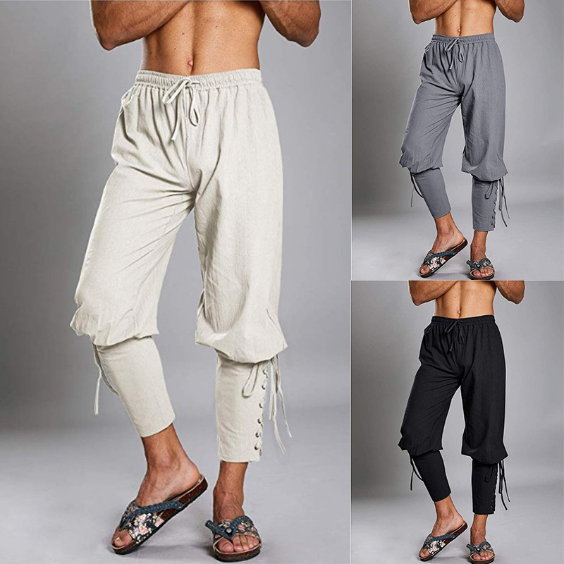 

New 2020 Men Hip-hop Breathable Cotton Linen Pants Solid Color Summer Mens Casual Sports with Drawstring Banded Pants, Black