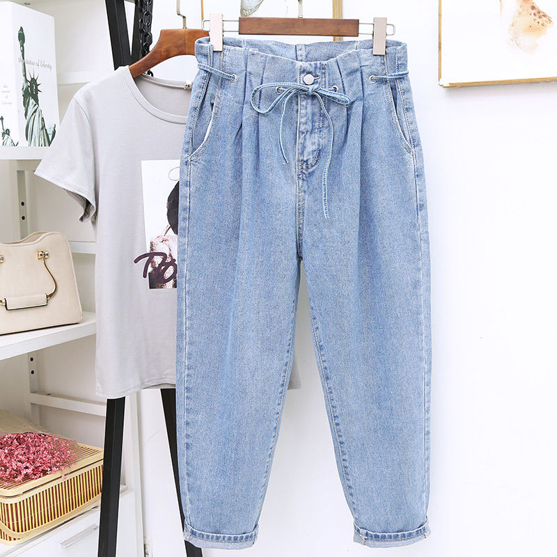 

COCOEPPS 4XL 5XL Summer Plus Size Harem Jean High Waist Casual Big Size Nine Jean Women Large Loose Blue Denim Pants
