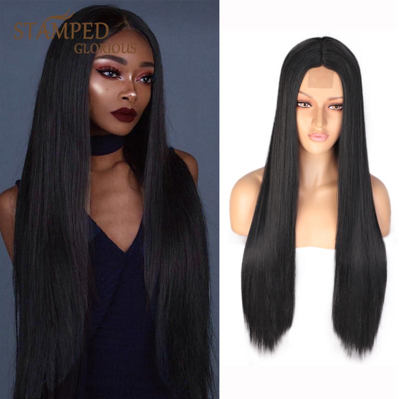 

Stamped Glorious 30inches Middle Part Lace Wig Straight Synthetic Wigs for Women Heat Resistant Fiber Long Black Wig