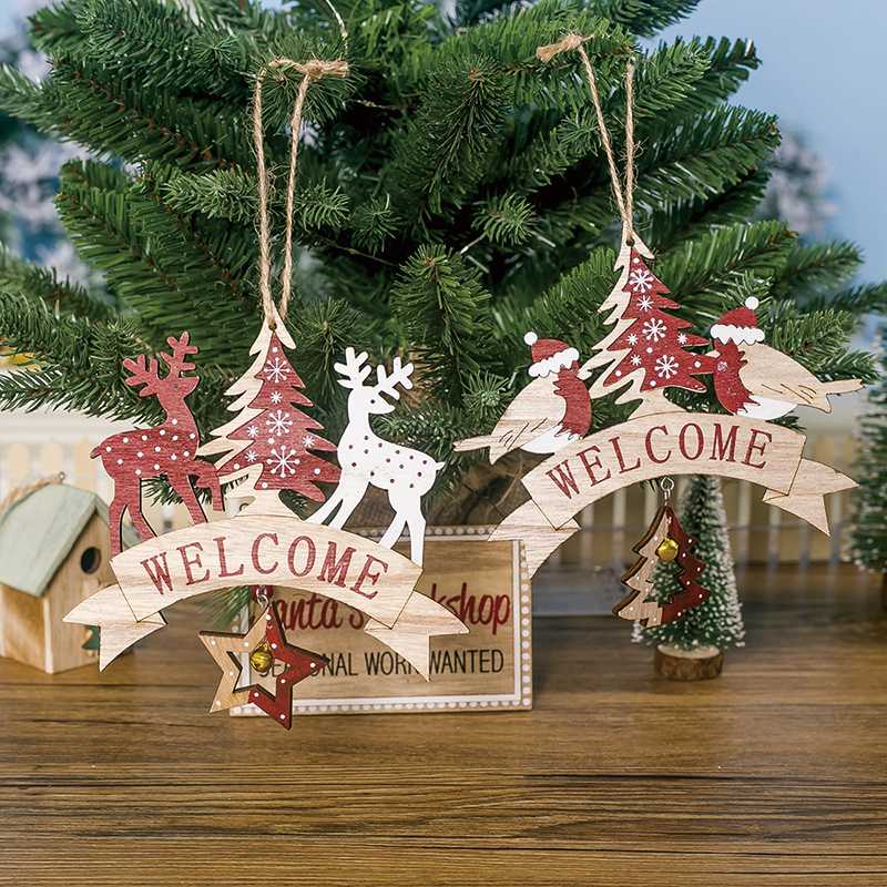 

2020 Christmas Decorations Wooden Letter Printed Christmas Tree Elk Birds Bells Hanging Pendant Tree Ornaments Navidad