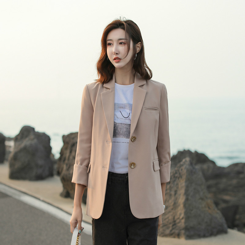 

Vintage Korean Ladies Blazer Loose Casual Stylish Suit Jacket Solid Beige Long Sleeve Office Women Blazer Spring Autumn MM60NXZ