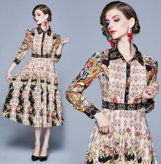 

Autumn new fashion slim printed mid-length pleated lapel skirt, As the picture