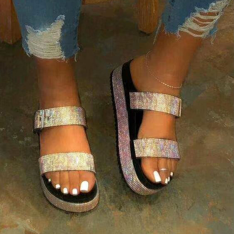 

MCCKLE Women Flat Platform Slippers Bling Crystal Slides Female Plus Size Summer Beach Shoes Ladies Outside Women's Flip Flops, Gold