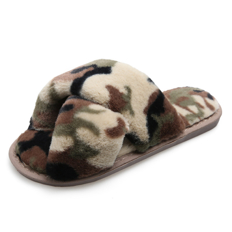 

Mudibear Slippers For Women Camouflage Cross Fluffy Shoes Floor Cotton Warm Slippers Open Toe Wooden Large Size Indoor Winter, Beige