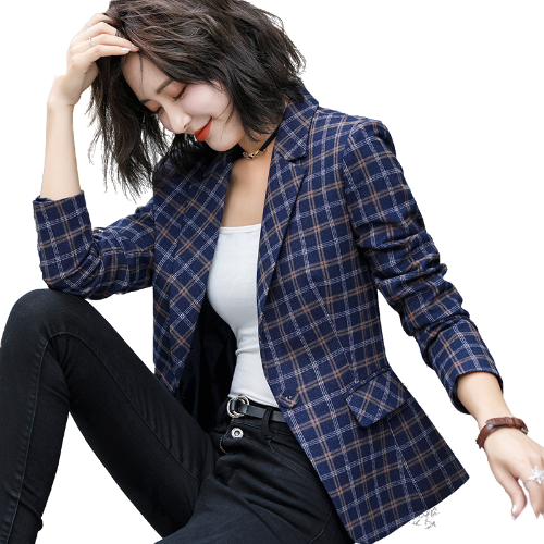 

2020 New Woman Blue Grey Plaid Jackets for Women Formal Work Office Female Short Blazer Mujer Casual One Button Coats Femme
