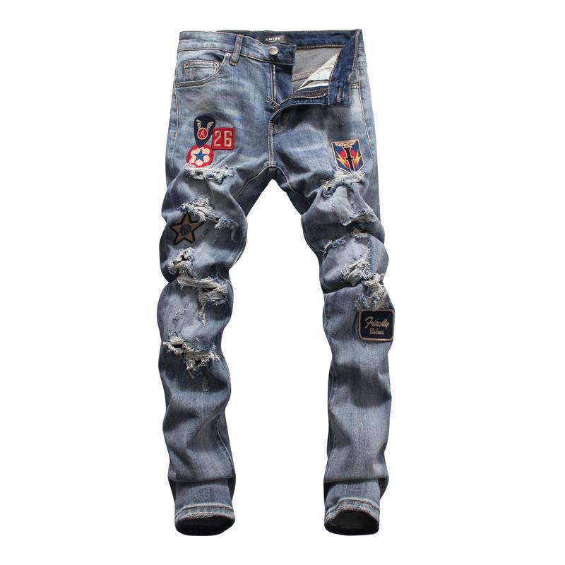 2020 Fashion Print Designer Jeans Straight Pantalons Hommes Distressed Trou Denim Homme Crayon Biker jeans Patch
