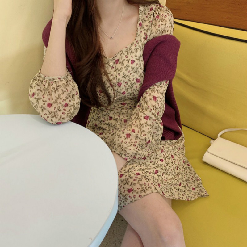 

Women Spring Long Sleeve Square Collar Mini Floral Chiffon Dress 2020 Sweet High Waist Short Dresses with Waistbelt, Image color
