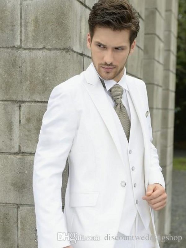 Dernière conception blanc homme travail costume d'affaires marié mariage smokings bal Blazer costumes de fête (veste + pantalon + gilet + cravate