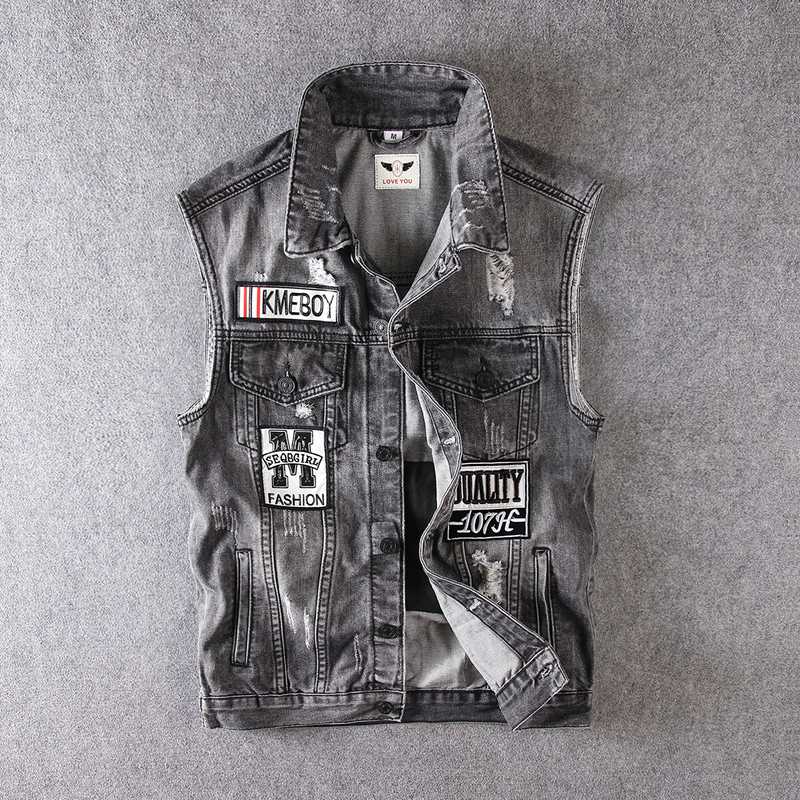

Fashion Streetwear Men Vest Black Gray Patches Designer Destroyed Ripped Biker Denim Vest Men Sleeveless Hip Hop Chaqueta Hombre
