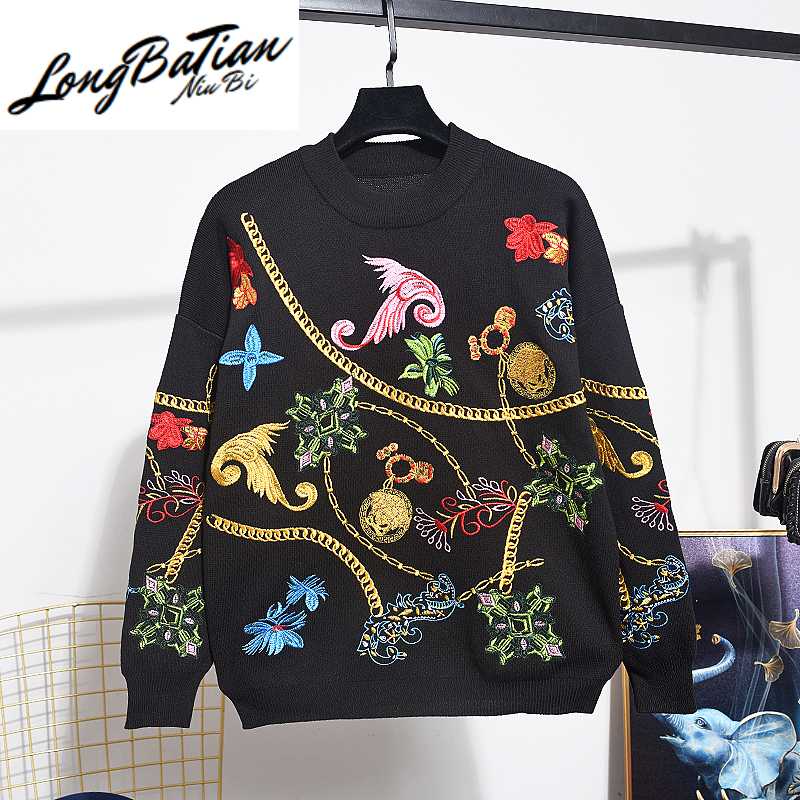 

2020 Autumn Winter Fashion Black Female Knitted Set Embroidery Flower Sweater Long Pants Suit Women Loose Knitting Tracksuit 2pc