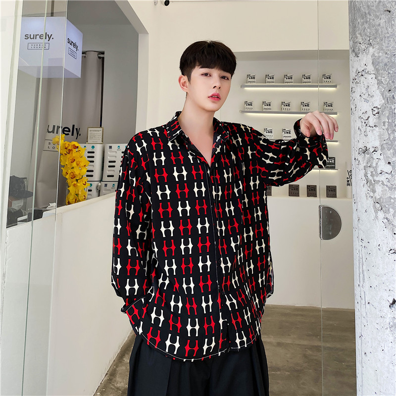 

Men Spring Summer Retro Fashion Print Casual Long Sleeve Shirts Male Streetstyle Hip Hop Loose Beach Shirt, S67
