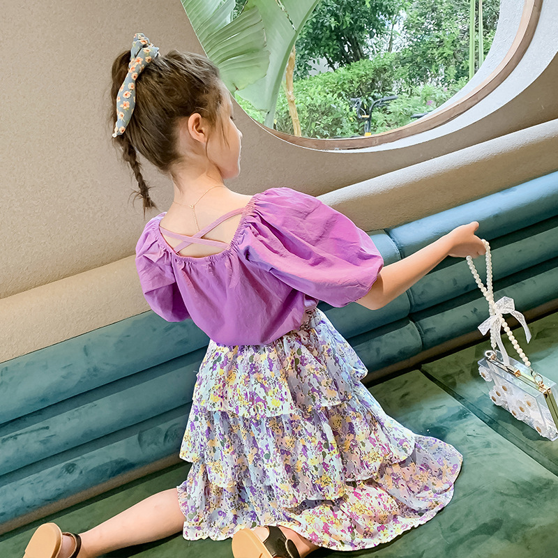 

kids clothes girls summer clothes children short sleeve t-shirt + layered skirt 2pcs set princess toddler teens girls outfits, Lavender