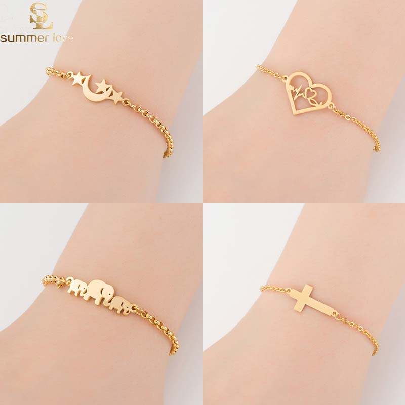 

2019 Stainless steel gold elephant hearts star chain bracelet for women lovely animal charm bracelet fashion wedding jewelry gift