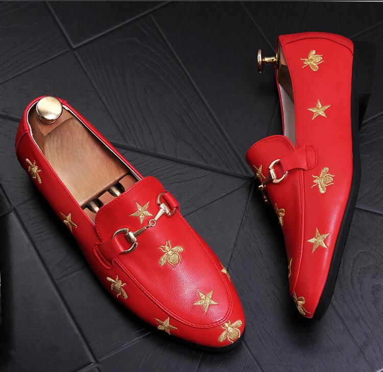 

2018 New style British Style black red Bee embroidery Horsebit Formal Dress Shoes Handmade Cow leather Mens Wedding Bride Shoe J55