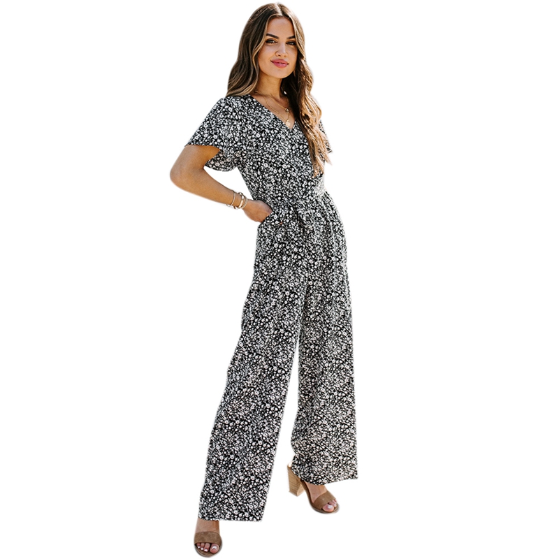 

New Jumpsuits for Women Chiffon Floral Wide Leg Tight High Waist Sexy Slimming One-Piece Trousers Jumpsuits, Black