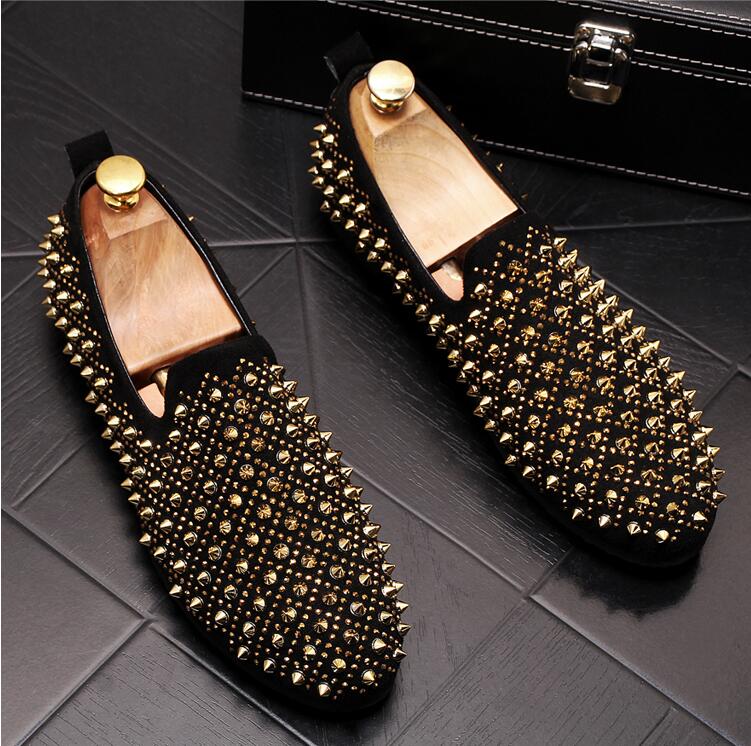 

Luxury Designer Shoes Mens Casual Flats Black Gold Leather Wedding Party Shoes Brand Rivet Studded Spiked Loafers W114