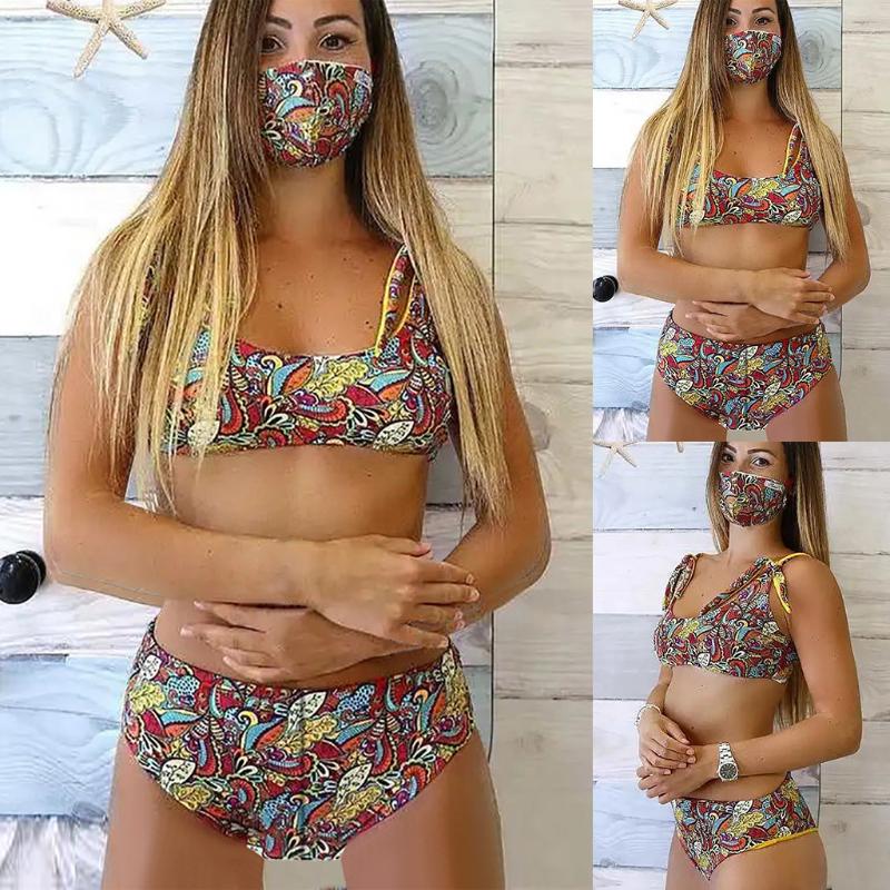 

SAGACE women bikini 2020 Sexy Print shorts Bikini Set Swimsuit Three Piece Filled Bra Beachwear+Mask women push up May16