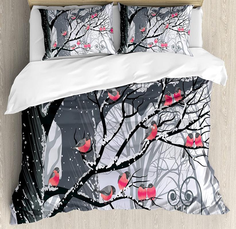 

Winter Duvet Cover Set Cute Bullfinches on Trees Winter City Park Snow Cold Birds Design Bedding Set Grey Coral, As pic