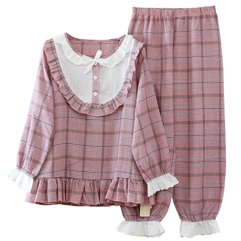 

2018 New style homewear plaid pajamas suit nightgowns lace neck