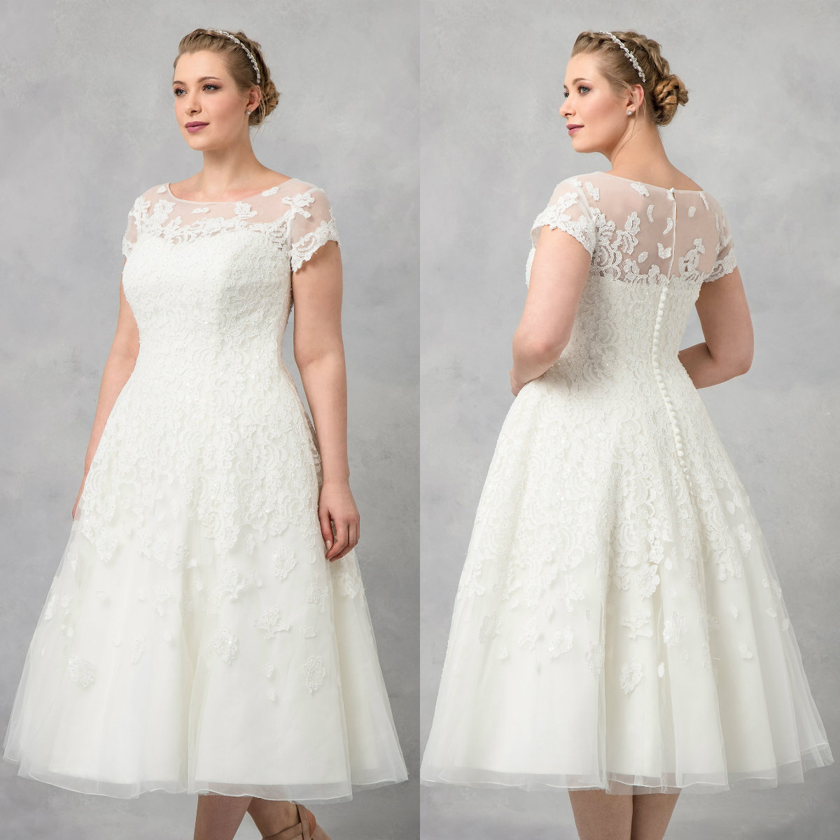 

2020 Oleg Cassini Short Wedding Dresses A Line Lace Appliqued Garden Plus Size Wedding Dress Tea Length Country Bridal Gowns, Purple