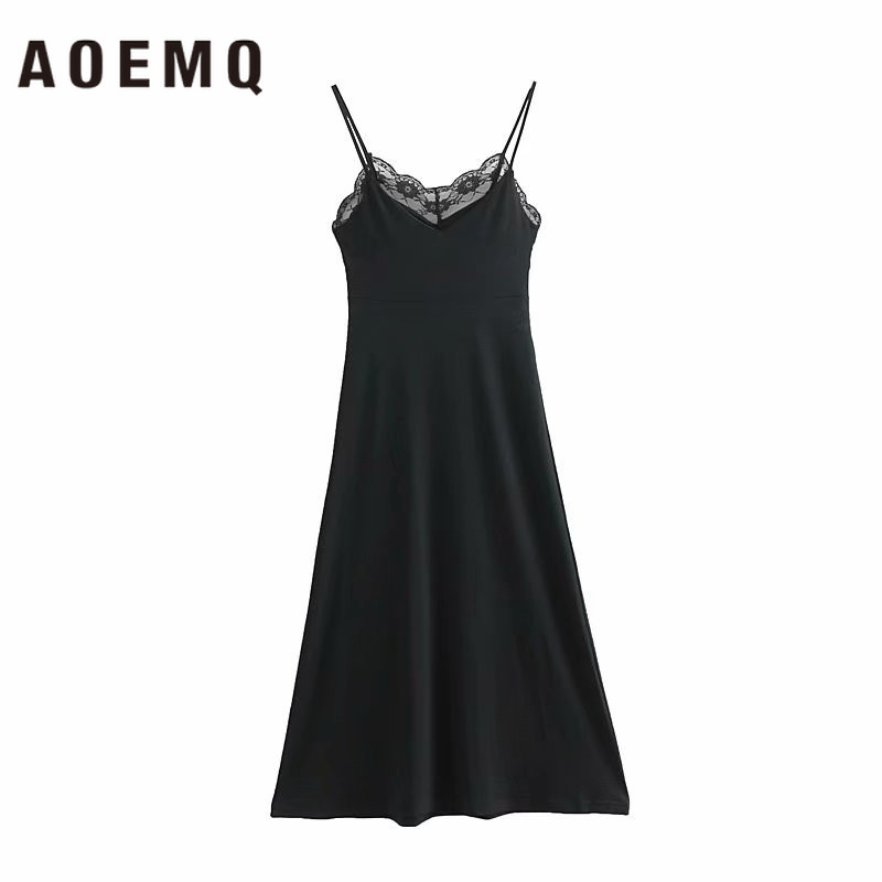 

AOEMQ Sexy V-neck Pajamas Lace Stitching Pure Black Slim Waist Backless Thin Strap Long A-line Dress Bandage Dress, As pic