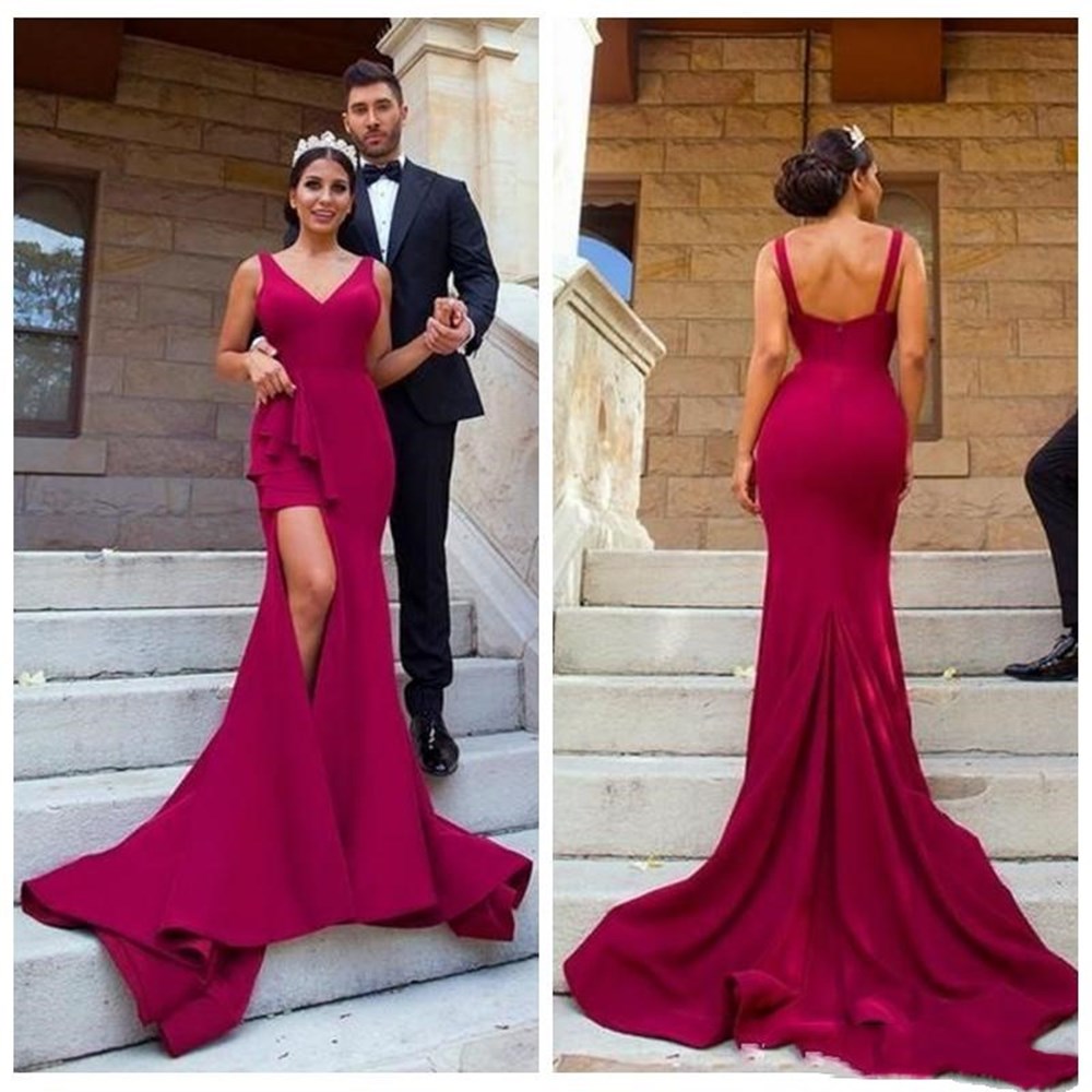

Arabic Mermaid Prom Dresses Sexy V Neck Backless Vestidos Evening Party Gowns Side Split, Customize