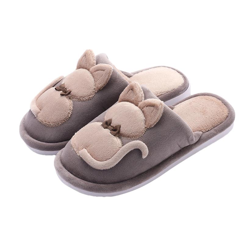

Men Couples Cute Cartoon Cat Warm Non-slip Floor Home Slippers Indoor Winter Shoes Round Toe Flats Large Size zapatos de hombre, Brown