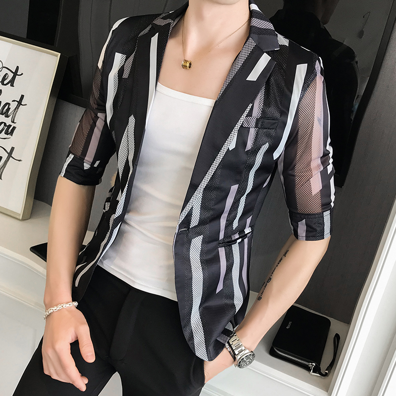 

New Men Blazer Thin Summer Print Hollow Suit Jacket Single Button Half Sleeve Male Fashion Nightclub Slim Fit Party Blazers, White striped