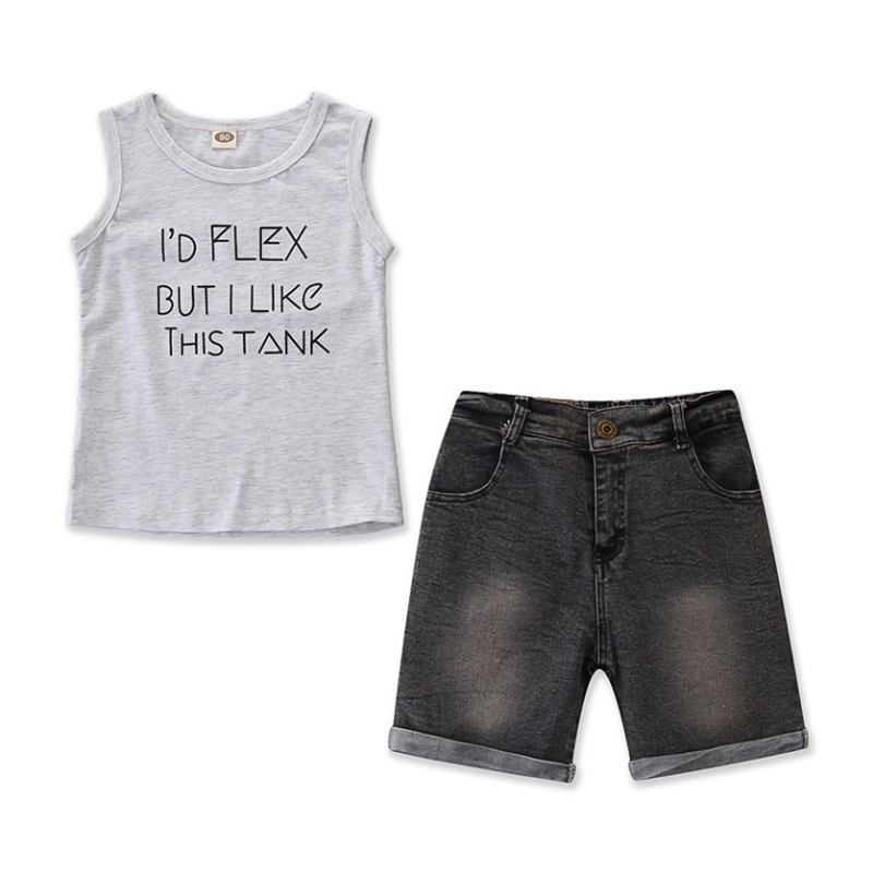 

Kids Designer Clothes Boys Letter T Shirts Denim Shorts 2pcs Sets Sleeveless Children Outfits Summer Kids Clothing Free Shipping LQP-YW3156, 1 lot=1 set=2pcs=1 shirts+shorts