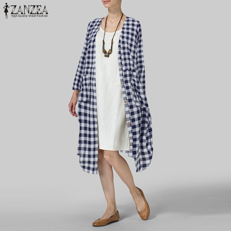 

Women Plaid Check Long Blouse ZANZEA Female Loose Button Down Pockets Tunic Shirt Kimono Cardigan Cotton Linen Long Top Blusas 7, Black