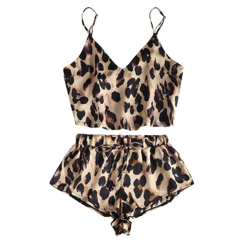 

Women Satin Silk Leopard Sleepwears Babydoll Lingerie Nightwear Fashion Summer Ladies Straps Tops+Shorts 2pcs Pyjamas, Brown