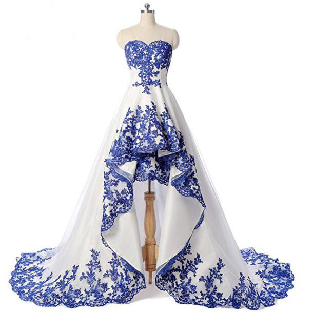 

White and Royal Blue Lace Appliques High Low Wedding Dresses Sweetheart Sleeveless Short Front Long Back Organza Bridal Gowns High Quality, Champagne