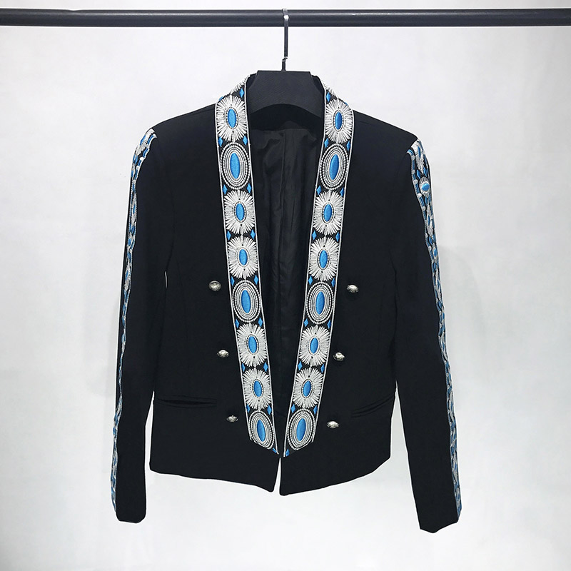 

2020 Autumn hair stylist handsome embroidery suit man performing photography fashion jacket singer' clothes, Black