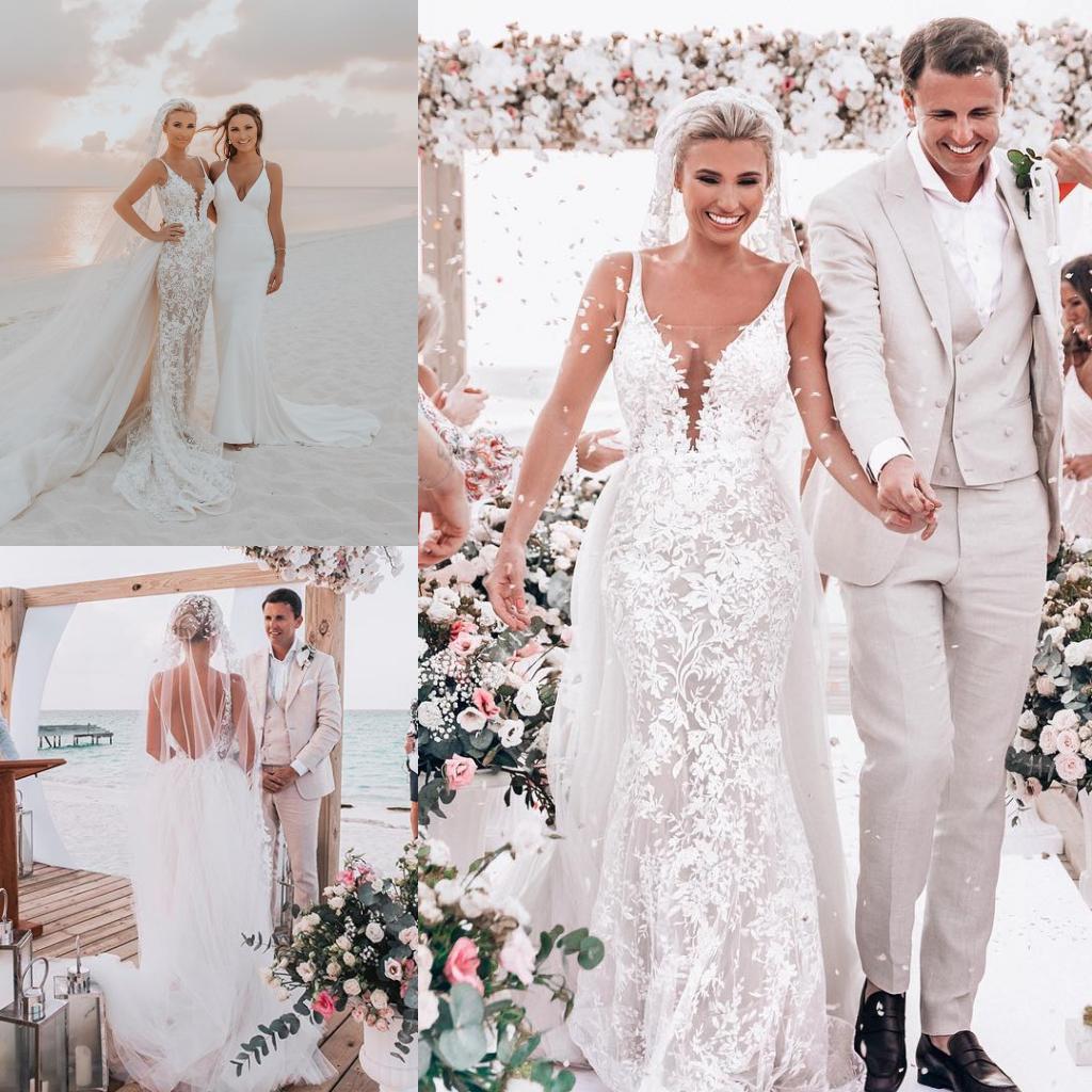 

2019 Mermaid Lace Wedding Dresses With Long Train Appliqued V Neck Country Wedding Dress Sweep Train Customized Sexy Backless Bridal Gowns, Water melon
