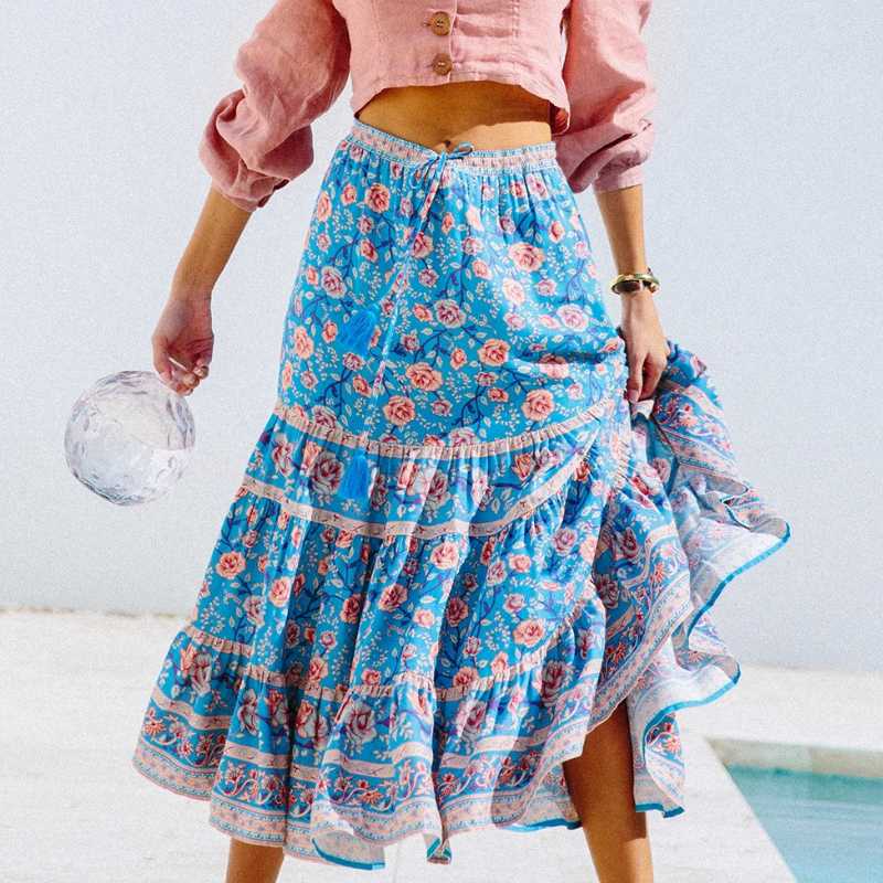

Summer fashion Boho chic women floral print beach Bohemian skirt High Elastic Waist rayon A-Line Boho Maxi Skirts Femme, Blue