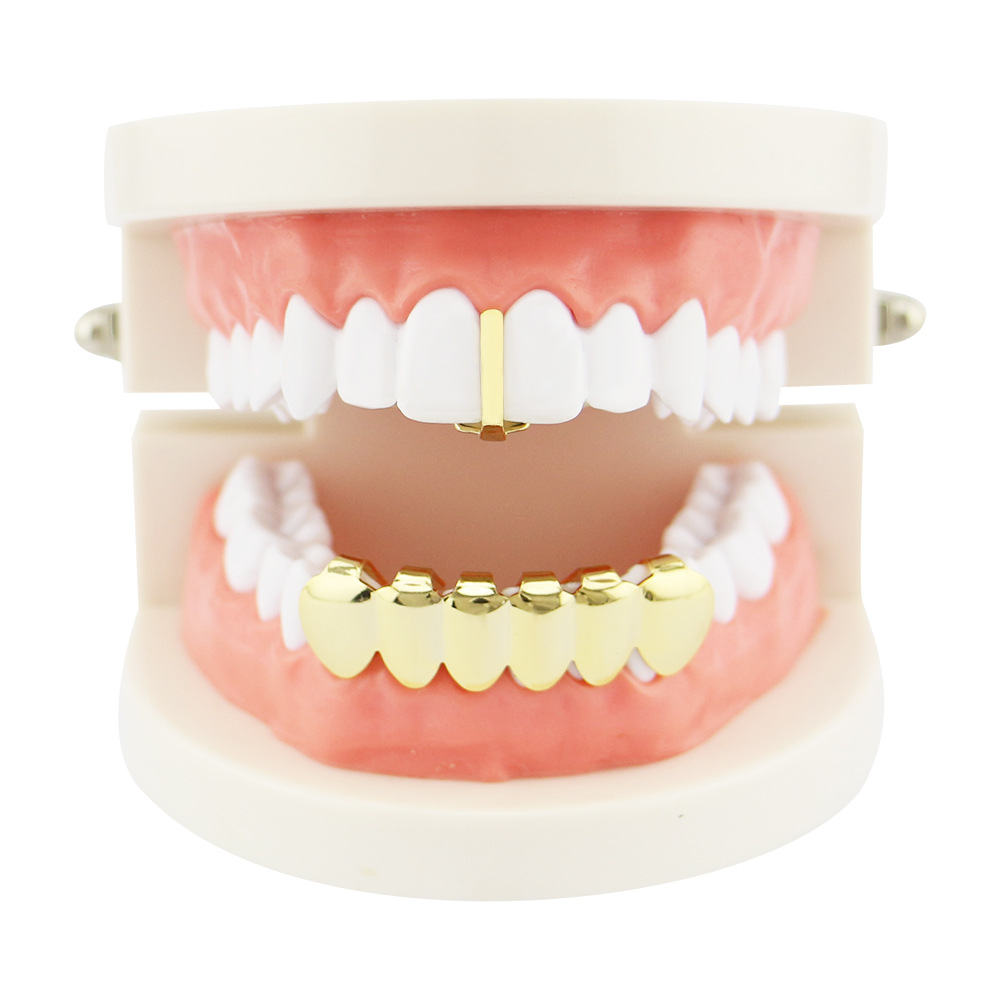 

New Golden Sticker Design Hip Hop Grillz Popular Smooth Gold Plated HipHop Teeth Grillz Bottom & Top Set