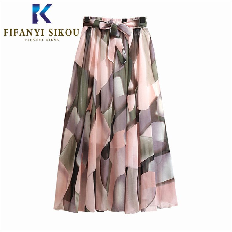 

Summer Women Bohemia Long Skirts Floral Print High Waist Chiffon Pleated Skirt Female Elastic Waist Casual Beach A-Line Skirt, Style 6