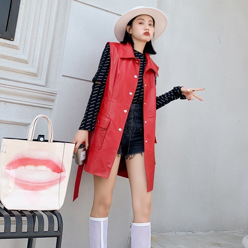 

High Street Genuine Leather Womens Sleeveless Long Jackets Single Breasted Lapel Belt Pockets Plus Size Medium Length Waistcoats, Red