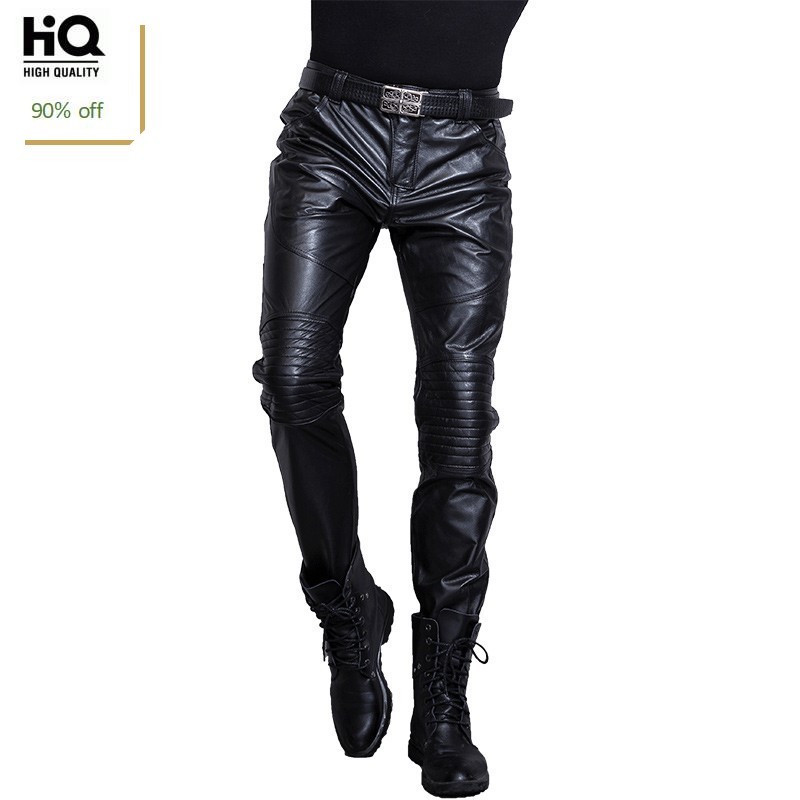 

Cowskin Motorcycle Genuine Leather Pants Mens Black Slim Warm Moto Biker Trousers 2020 Designer Real Leather Pants