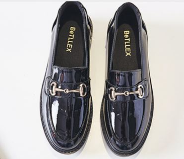 

34-41 Womens Patent shoes chains buckle flats low heel work boot college footwear oxford loafers zy781, Black