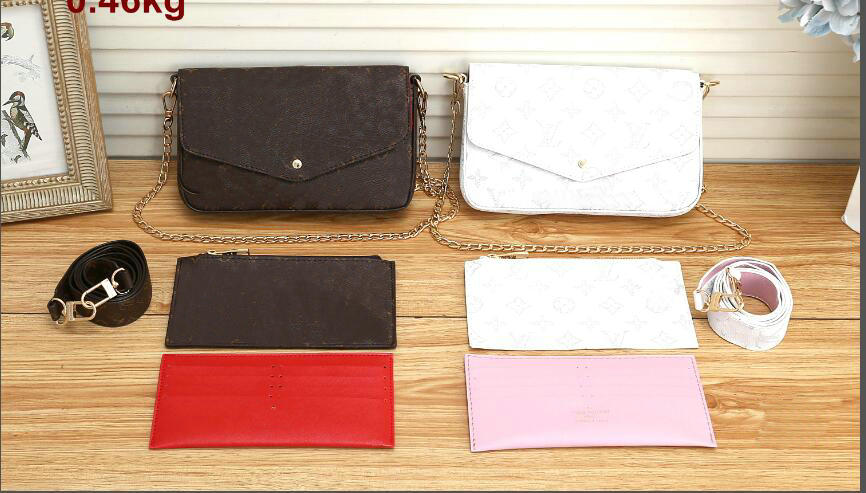 

2021 Newest gold chain pochette felicie bag chain three piece high quality Shoulder Bag handbag fashion Crossbody 22/13/4 cm Model 61276, Brown flower