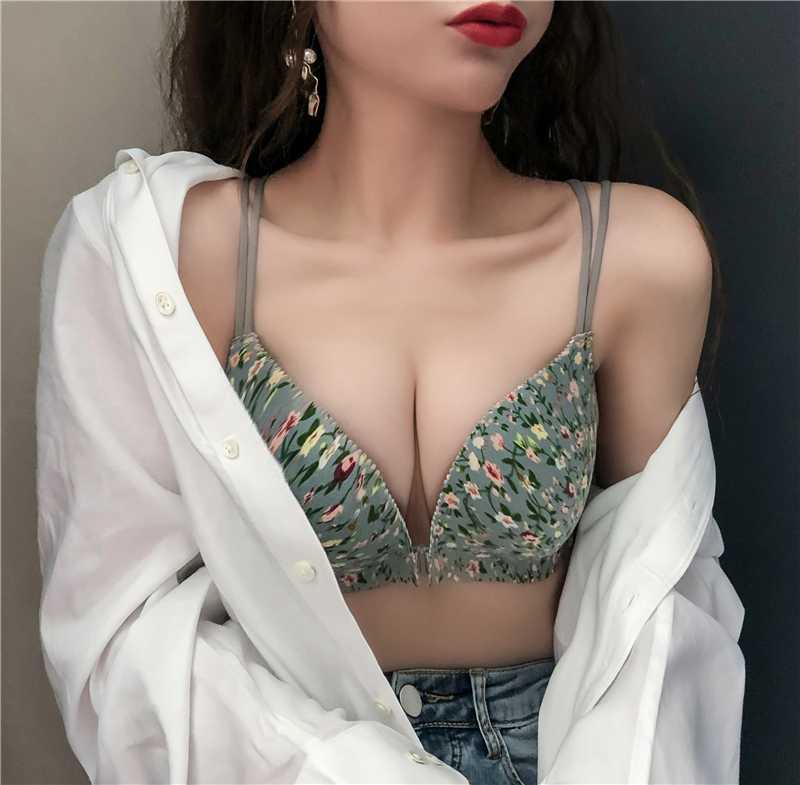 

Obrix Sweet Female Plunge Bra Floral Print Front Closure Criss Cross Back Bra For Women, Beige